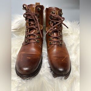 Chestnut Brown Leather Lace-Up Boots w/ side zip